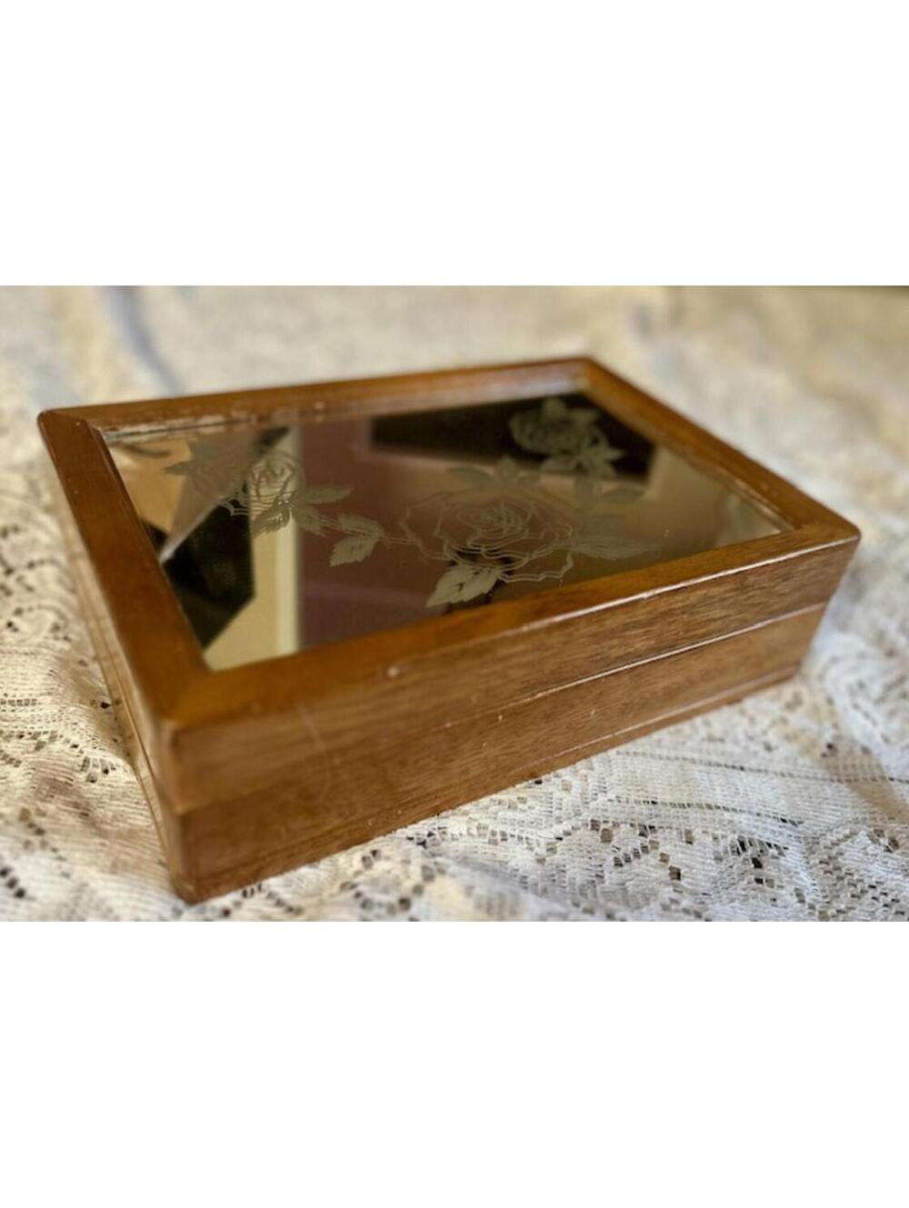 Wooden Jewelry Box with Etched Glass Lid Made in Taiwan